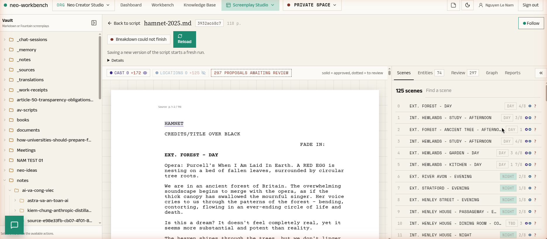 Screenplay Studio / The breakdown beside the page it came from