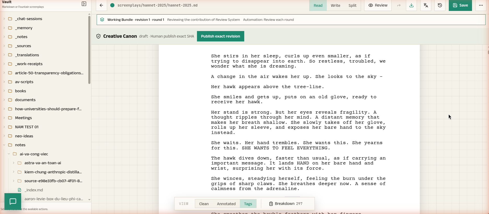 Hollywood screenplay / The page, with production tags